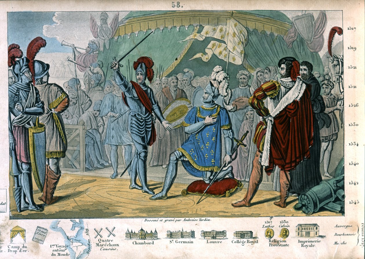 Francisco I da França pede para ser cavaleiro do Cavaleiro Bayard após vitória na Batalha de Marignano, Itália de Ambroise Tardieu