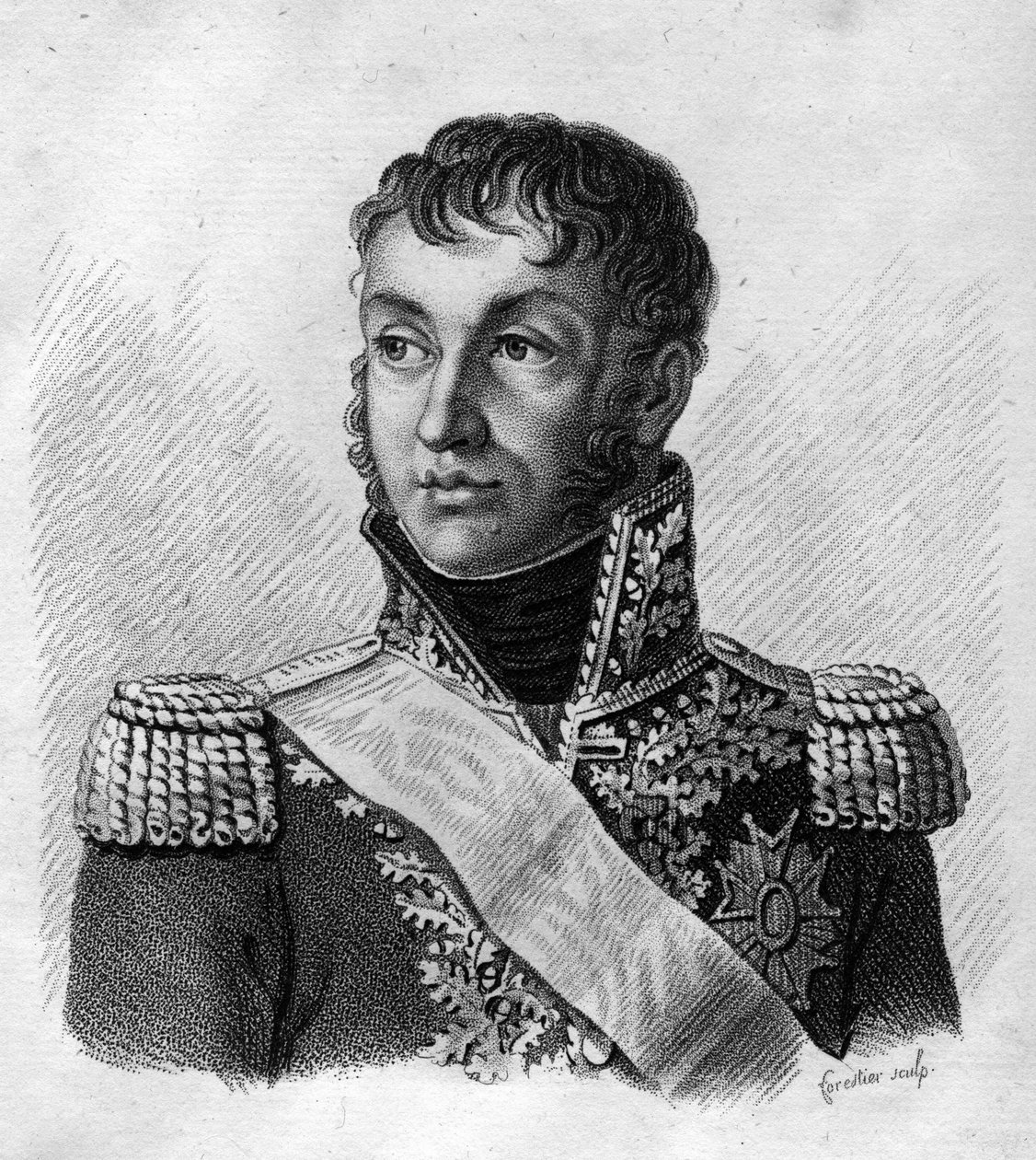 Jean Andoche Junot (Jean-Andoche) (1771-1813), Duque de Abrantes, general francês. in" Retratos dos generais franceses após as vitórias e conquistas dos franceses". Gravado por Ambroise Tardieu em 1818. Coleção Stella. de Ambroise Tardieu