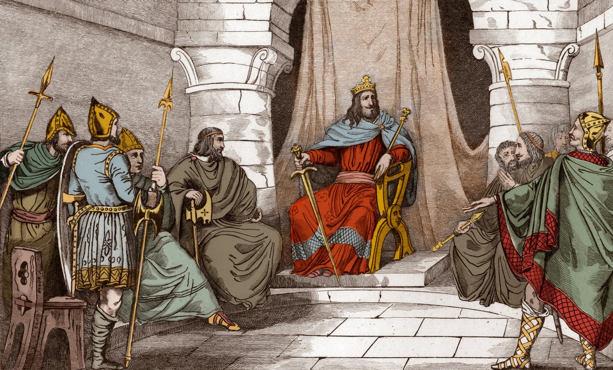 Rei Charibert (521-567) em Conselho com Magistrados - Caribert ou Cherebert, rei de Paris (561-567) que detém conselhos, ou ele fez justiça - Gravura de 1825 em "Histoire de France representado por pinturas sinópticas dedicadas às crianças da França e de Ambroise Tardieu