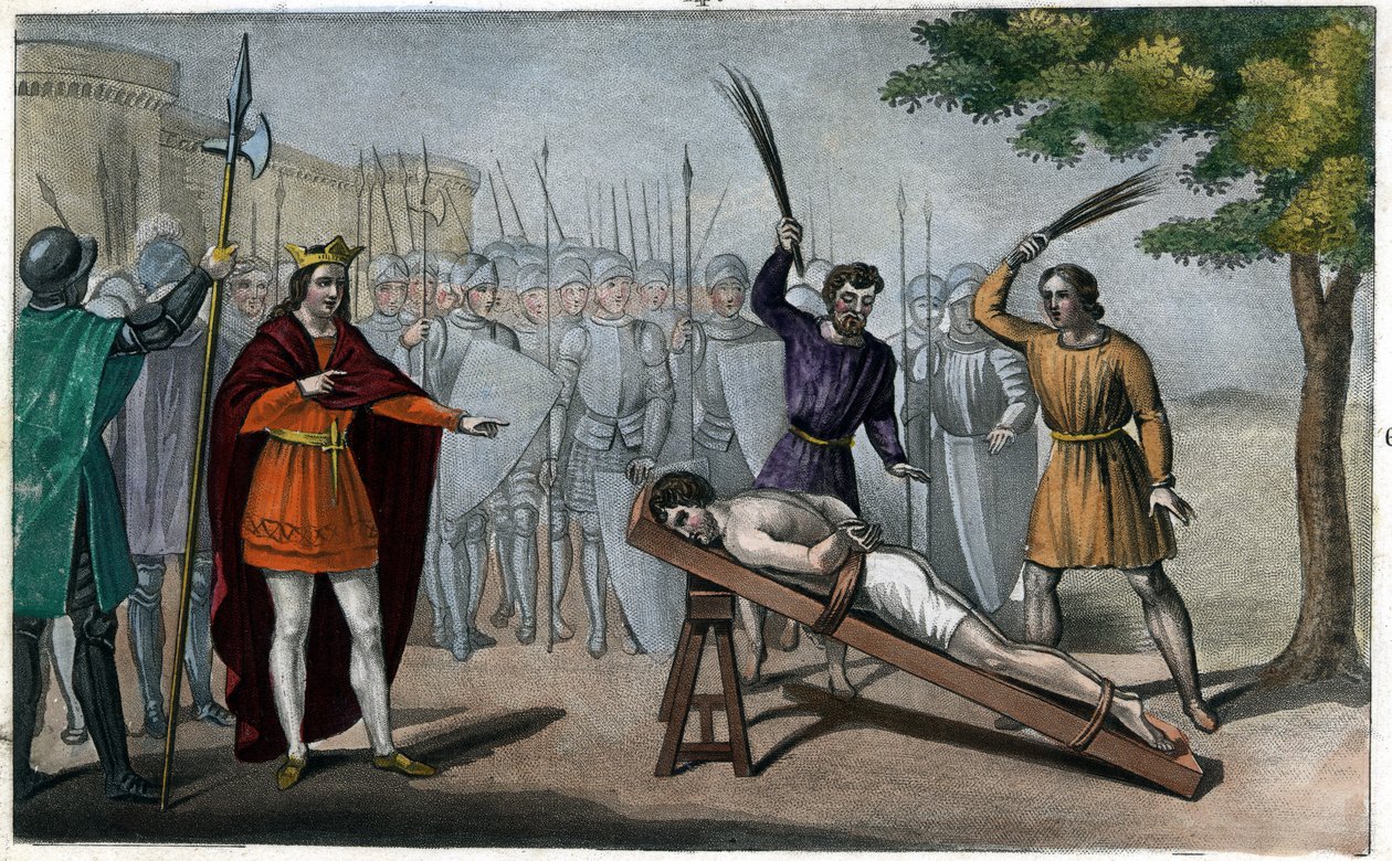 O senhor Bodillon é chicoteado depois de se ter queixado do aumento de impostos de Childeric II (653-73) - Childeric II amarrou a um poste e espancou como um escravo um senhor borgonhês chamado Badillon ou Bodillon, por ter ousado apresentar-lhe o perigo d de Ambroise Tardieu