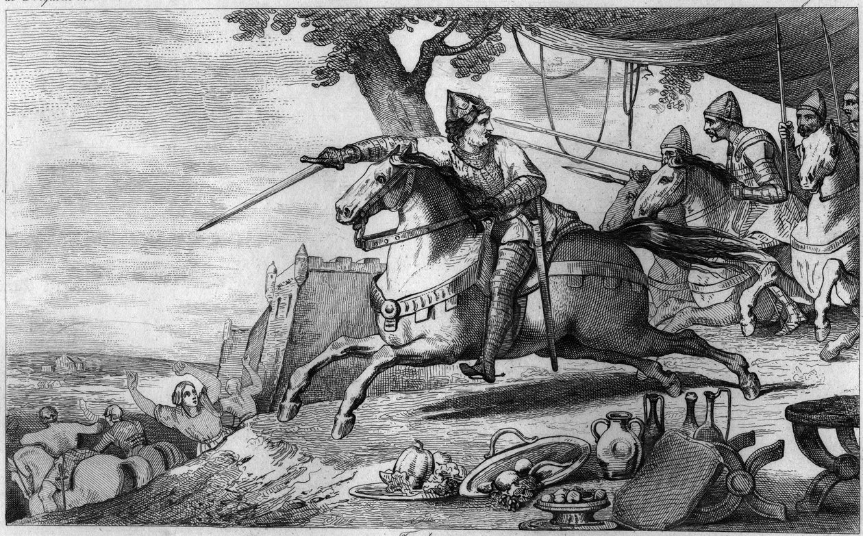 Lothair (941-986) lidera seu exército em batalha (Aachen) - Lothaire (941-986), Dinastia dos Merovíngios - Lutou contra o Imperador Germânico Otton I e o ataque de surpresa em Aachen (Aachen) - Gravura de 1825 em "Histoire de France" representada por de Ambroise Tardieu
