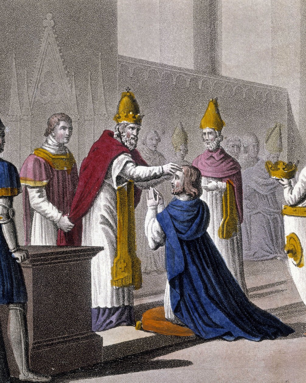 Luís II foi consagrado pela segunda vez no Concílio de Troyes por João VIII em 879 (detalhe de 33595). Desenhado e gravado por Ambroise Tardieu em 1825. de Ambroise Tardieu