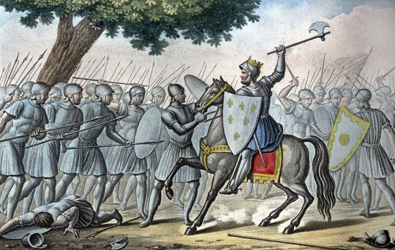 Luís VI, conhecido como "o Gros" (1081 - 1137), na batalha de Brenneville, tenta retirar a Normandia do Rei Henrique I em 1119. - Desenhado e gravado por Ambroise Tardieu em 1825. de Ambroise Tardieu