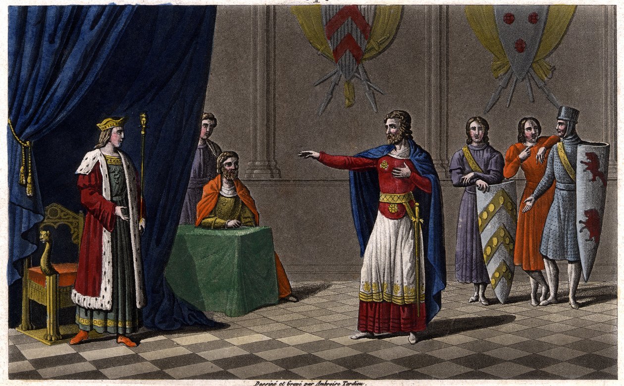 Louis V le Faineant (c. 967-987), proclamado rei da França pela proteção de Hugues Capet, futuro rei da França, em 986 Sorteio e sepultura por Ambroise Tardieu em 1825. de Ambroise Tardieu