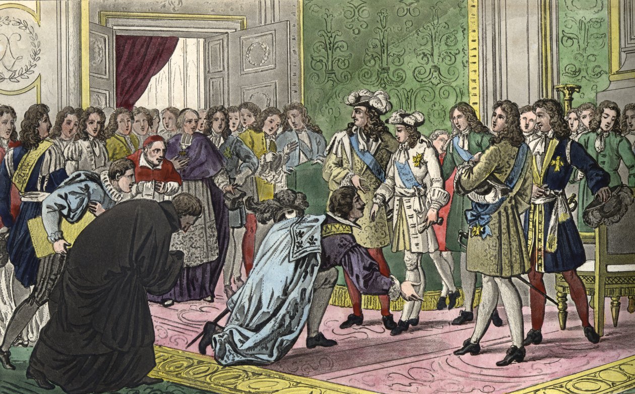 Luís XIV (1638-1715), rodeado pela sua família e pelas figuras mais importantes da Corte, apresenta o seu neto Filipe V aos enviados de Espanha como seu novo rei em 1700. - Desenhado e gravado por Ambroise Tardieu em 1825. de Ambroise Tardieu