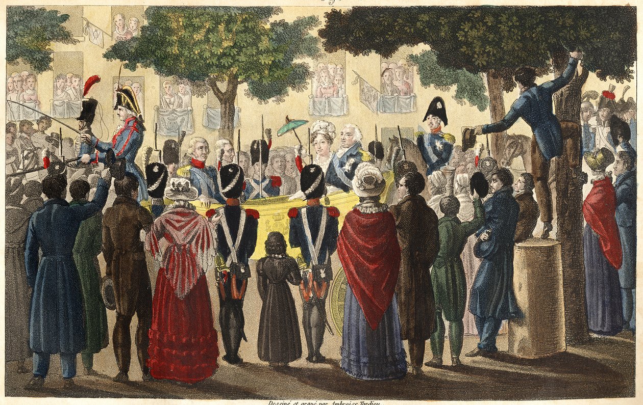 Luís XVIII (1755-1824) foi proclamado Rei pelo exército de Condé entre um pequeno número de súbditos leais a Paris em 1814 (Restauração) - Desenhado e gravado por Ambroise Tardieu em 1825. de Ambroise Tardieu