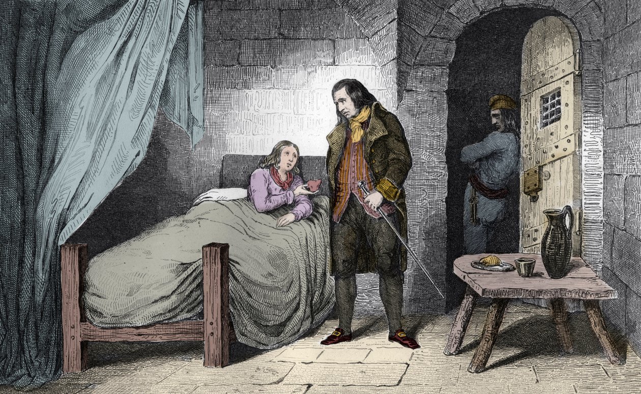 Luís XVII (1785-95) doente e preso - o Delfim de França Luís XVII (1785-1795) doente na prisão do Templo - Gravura de 1825 no "Histoire de France" representado por quadros sinópticos dedicados aos filhos de França e empregado para a sua ed de Ambroise Tardieu