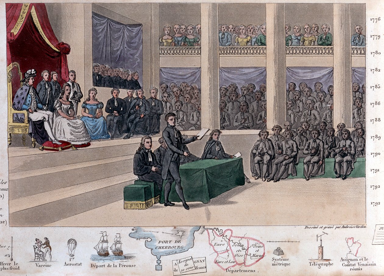 Luís XVI (1754-1793) na Assembllee des Notable, Convocatória dos Estados Gerais e recordação de Necker em 1787, após uma crise política em reação ao absolutismo real de Luís XVI - Desenho e sepultura por Ambroise Tardieu em 1825 de Ambroise Tardieu