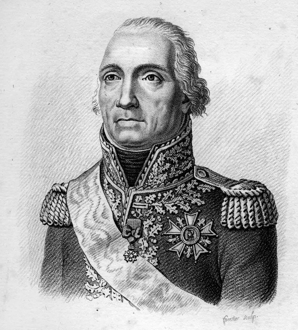 Marechal de Moncey.Bon Adrien Jeannot de Moncey, Duque de Conegliano Maréchal da França (1754 a 1842).in "Retratos dos generais franceses após as vitórias e conquistas dos franceses". Gravado por Ambroise Tardieu em 1818. Coleção Stella. de Ambroise Tardieu