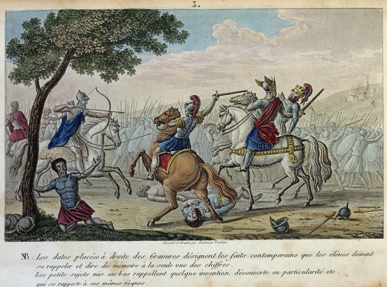 Merovee (447-458) desafia Átila nos Campos de Catalaunique, perto de Troyes, com Écio e Theodoric I. Ele é o rei presunçoso dos franco-salianos e deu seu nome à dinastia Merovingiana. - Desenho e sepultura por Ambrósio Tardieu em 1825. de Ambroise Tardieu