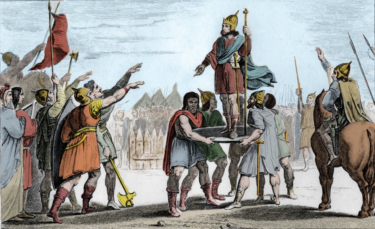 Pharamond I (c370-427), Rei dos Francos. Levantado sobre um escudo pelo seu povo que o elegeu rei - Pharamond, reconhecido pelos franco-salianos e pelos gauleses reunidos num só povo, é levantado sobre um escudo e anda pelo campo em triunfo - Legen de Ambroise Tardieu