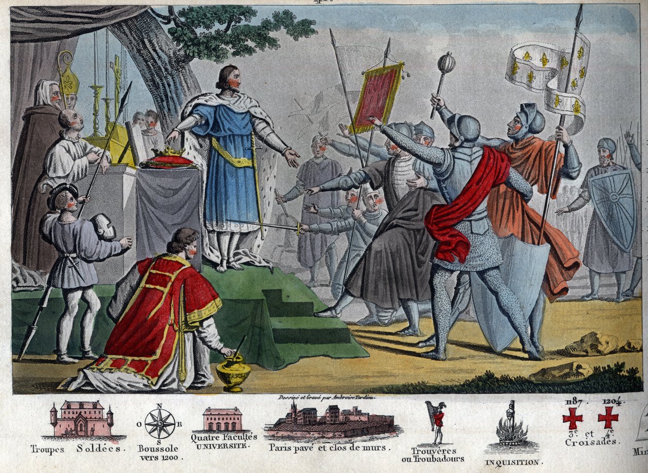 Filipe II (1165-1223), o rei Capetian, conhecido como "Augusto", propõe dar a sua coroa aos seus soldados se eles a puderem guardar um dia antes da Batalha de Bouvines, mas todos preferem guardar o seu rei. Ao vencer esta batalha, Filipe II destruiu um coa de Ambroise Tardieu