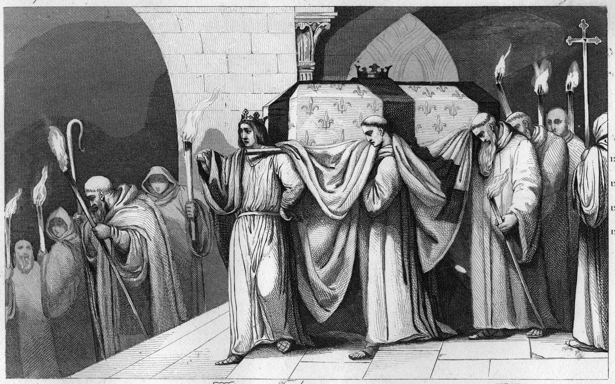 Philippe III O Negrito (1245-1285) ajuda a transportar o caixão de seu pai na Basílica de Saint Denis em 1271 - Philippe III o Hardi transporta as relíquias de seu pai Luís IX (Saint Louis) para a basílica de Saint Denis, necrópole dos reis em 1271 - Engra de Ambroise Tardieu