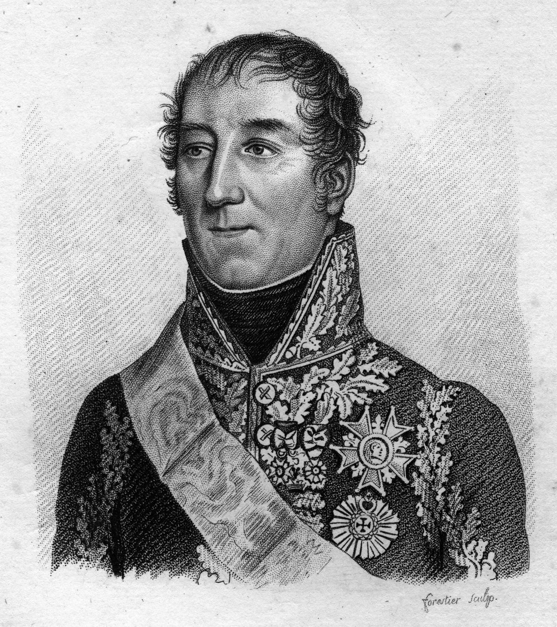 Retrato do Marechal Mortier. Adolphe Edouard Casimir Joseph Mortier, Duque de Treviso, marechal e político francês (1768 - 1835) em" Retratos dos generais franceses após as vitórias e conquistas dos franceses". Gravado por Ambroise Tardieu em 18 de Ambroise Tardieu