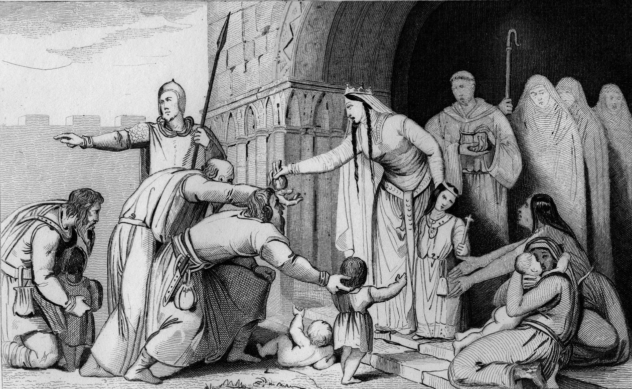 Rainha Bathild 626 ou 627 a 680 dá dinheiro aos pobres - Batilde (ou Bathilde, esposa de Clóvis II) suprime um tributo que os gauleses pagavam por cabeça, pequenos e grandes, descobrindo que alguns pais demasiado pobres para pagar deixam morrer os seus nov de Ambroise Tardieu