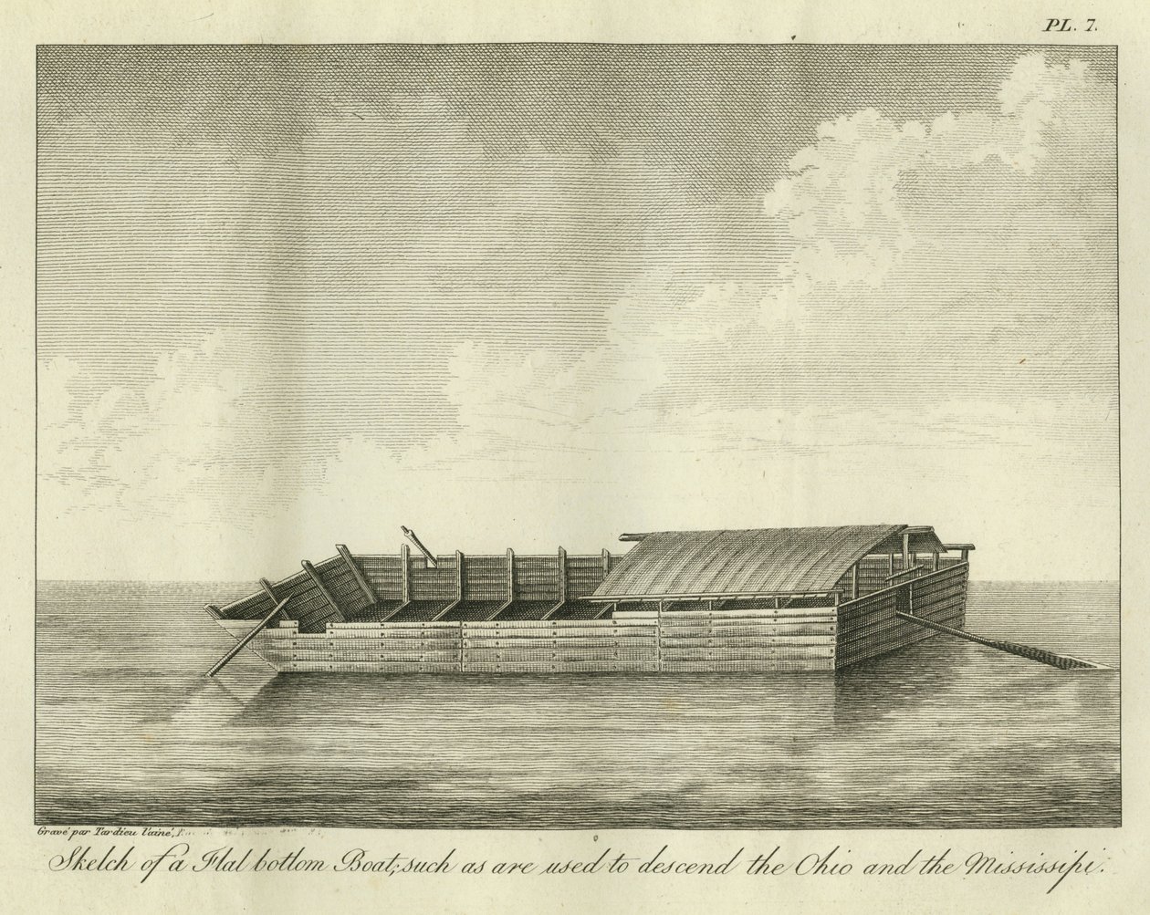 Esboço de um barco de fundo plano, como são usados para descer o Ohio e o Mississippi, publicado em 1826 de Ambroise Tardieu