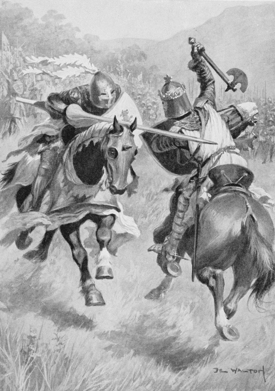 Encontro entre Robert Bruce (1274-1329) e Sir Henry de Bohun (1276-1322) ilustração das Batalhas Britânicas em Terra e Mar editadas por Sir Evelyn Wood (1838-1919) publicado pela primeira vez em 1915 (cor litho de Ambrose de Walton