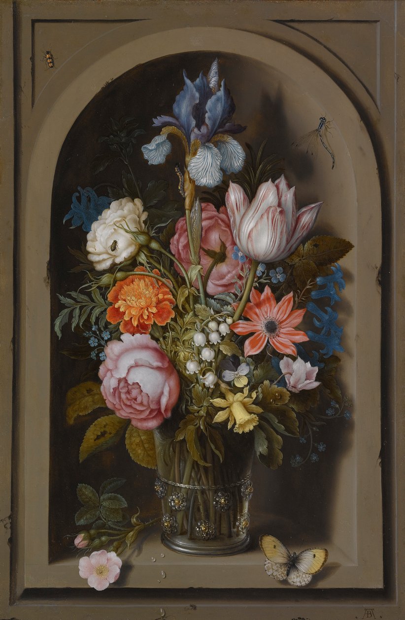 Uma natureza morta de flores em um copo de vidro em um nicho de mármore de Ambrosius the Elder Bosschaert