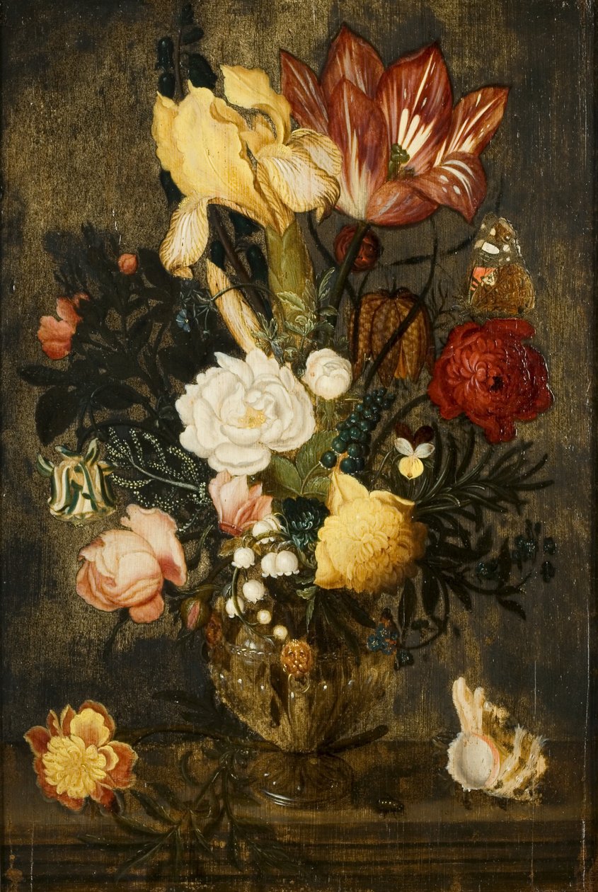 Flores em um vaso com máscaras de leão de Ambrosius the Elder Bosschaert