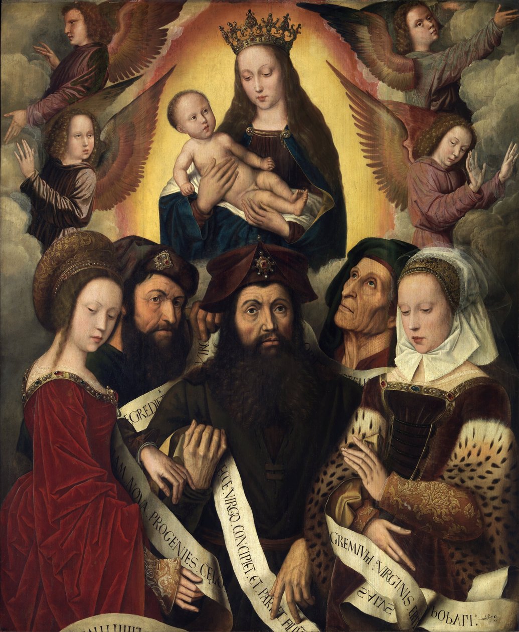 Neerlandês: Maria com a criança rodeada de anjos, profetas e sibilas Deipara Virgo de Ambrosius Benson