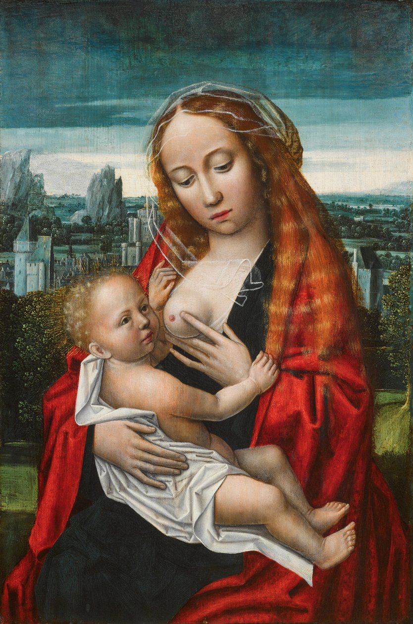 Holandês: Maria e o menino sentados em frente a uma paisagem A Virgem e o Menino de Ambrosius Benson