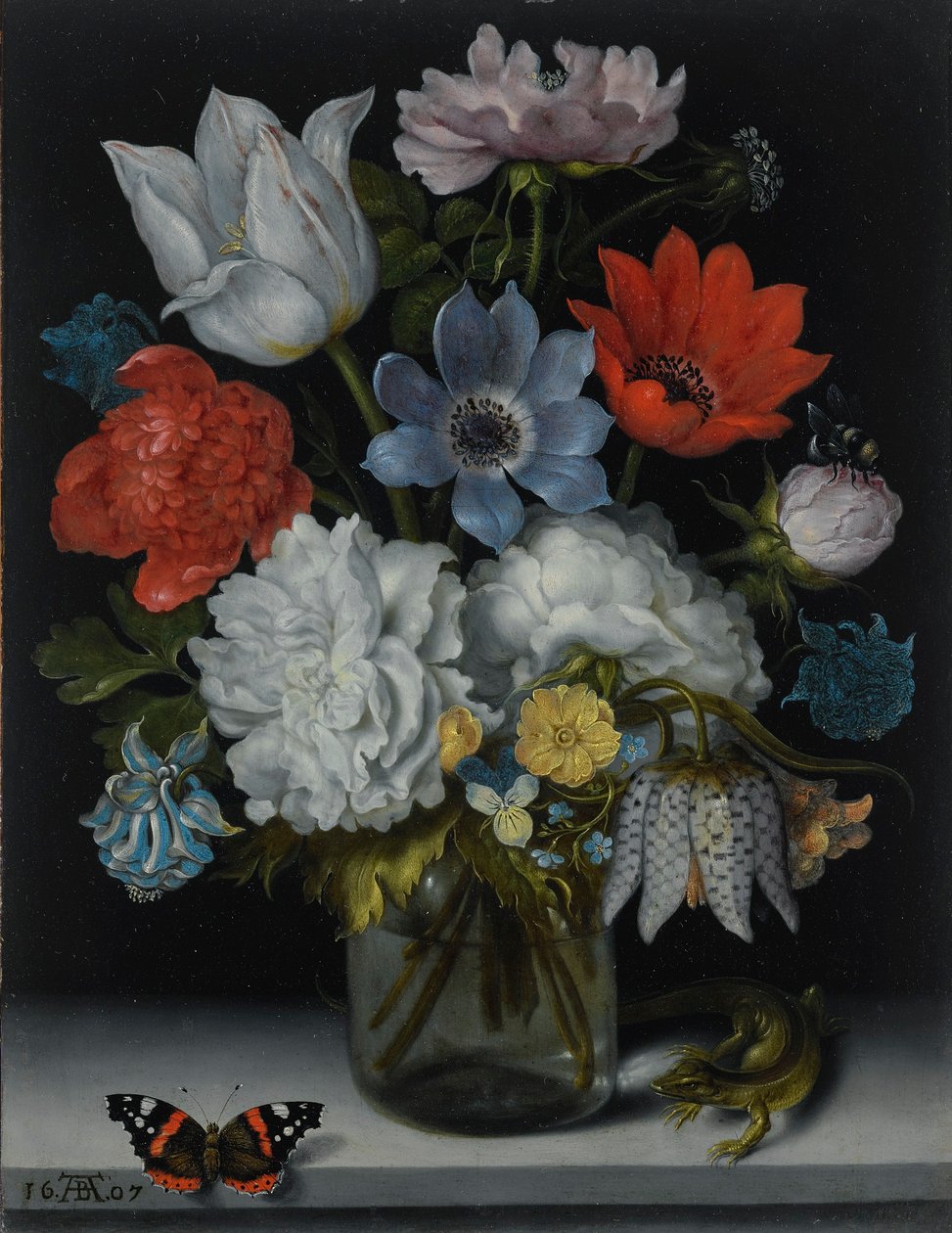 Holandês: Flores num frasco de vidro sobre um rebordo de mármore, ladeadas por uma borboleta almirante vermelha e um lagarto Natureza morta de flores num frasco de vidro sobre um rebordo de mármore, ladeadas por uma borboleta almirante vermelha e um lagart de Ambrosius Bosschaert