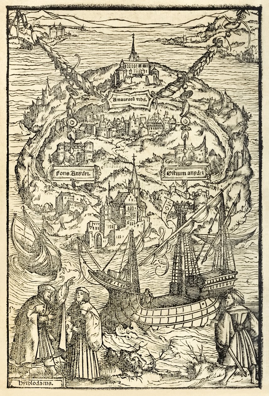 Mapa da Nova Ilha da Utopia de uma edição de 1518 da Utopia por Sir Thomas More (1478-1535), publicado pela primeira vez em 1516. Xilogravura de Ambrosius Holbein (c. 1494-c. 1519) mostrando a ilha com protagonismo de Ambrosius Holbein