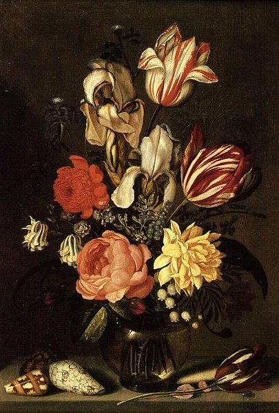 Flores mistas em uma borda com conchas e uma mosca de Ambrosius the Younger Bosschaert