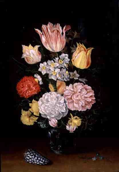 Natureza Morta de Flores com casca (óleo em painel) de Ambrosius the Younger Bosschaert