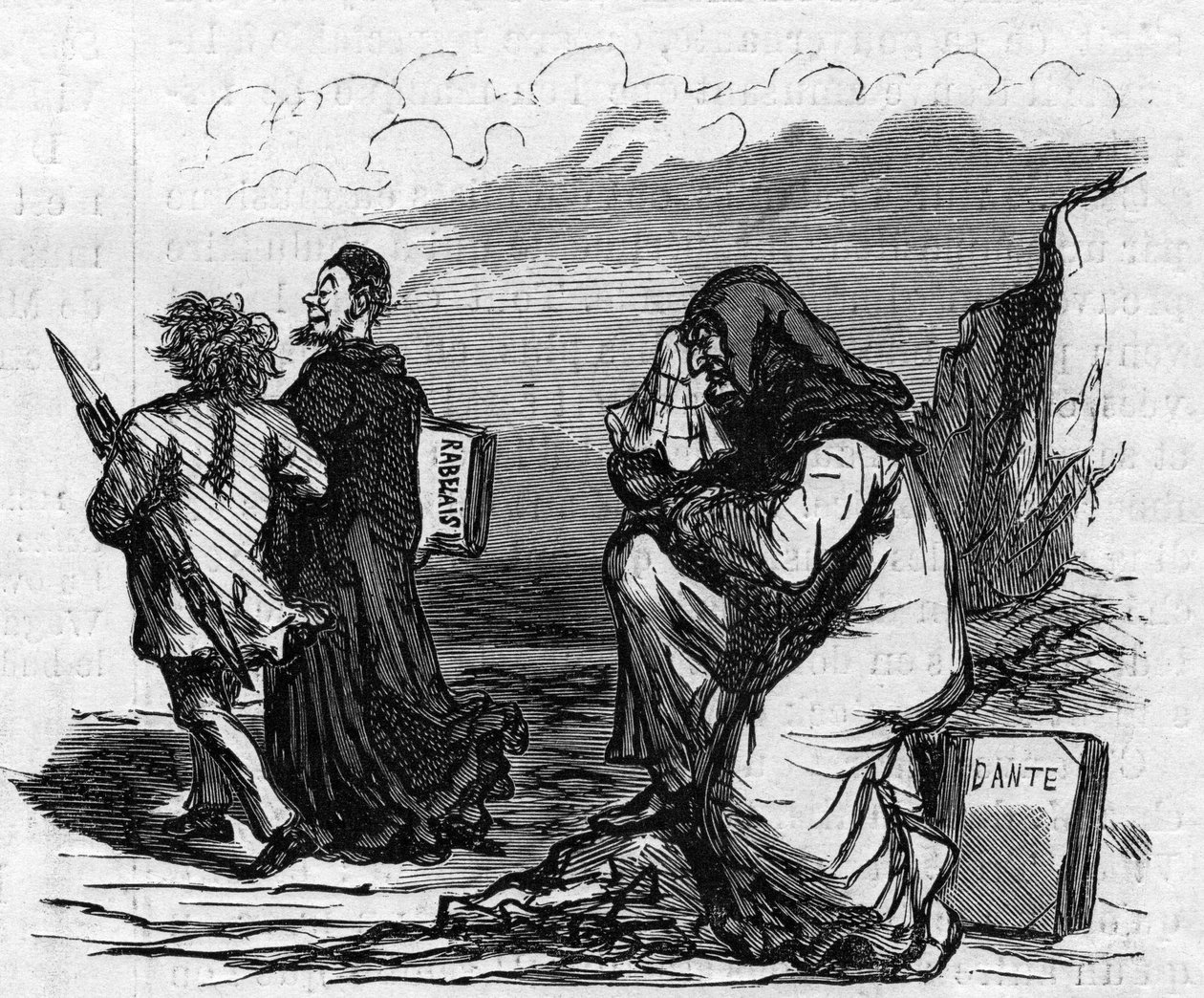 O pobre Dante começa a chorar quando vê Gustave Dore de braço e flecha com aquele pequeno Rabelais. O desenho animado de Cham. Gravura em "Le Monde Illustré" n°821 de 4 de janeiro de Amédée de Noé