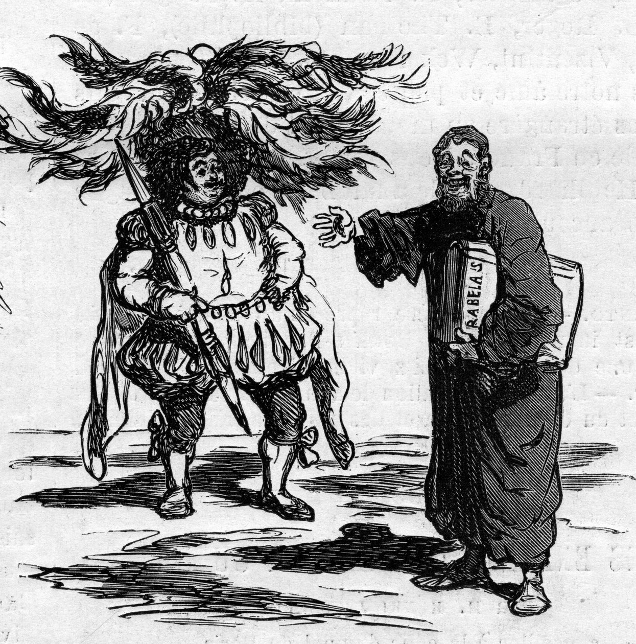 Joy of Rabelais vendo Gustave Dore se identifica plenamente com os homens de sua escrita. O desenho animado de Cham. Gravura em "Le Monde Illustré" n°821 de 4 de janeiro de Amédée de Noé