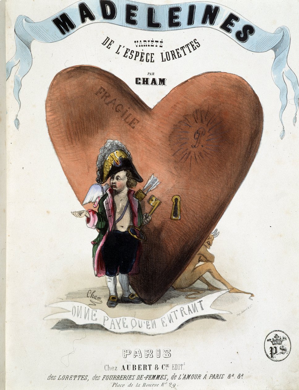 Só se paga ao entrar (caricatura de Cupido (Eros) antes de um coração esconder um diabo) - em "Madeleines" de Cham, v.1870-1880 de Amédée de Noé