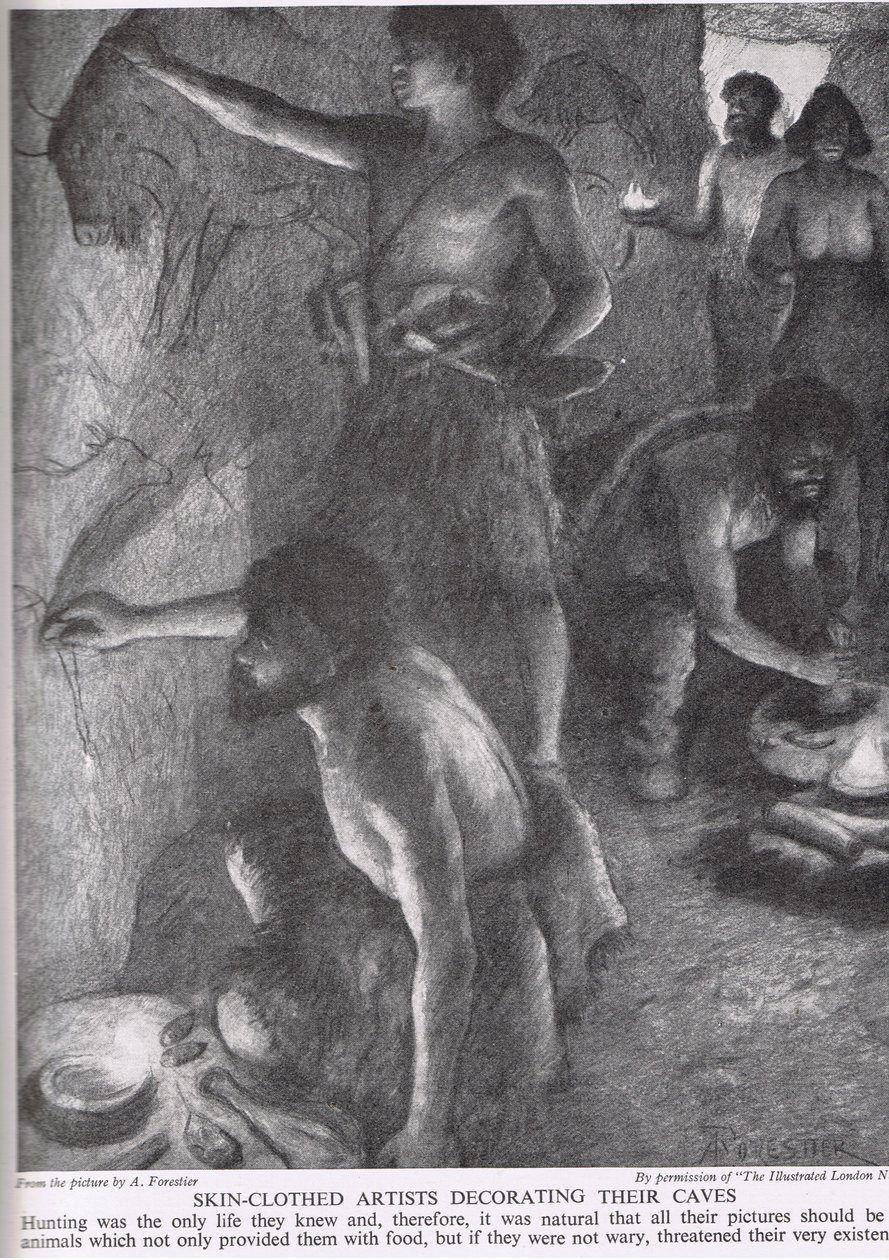 Artistas vestidos de pele decorando suas cavernas, ilustração de &39;A história do povo britânico&39;, c.1950 de Amedee Forestier