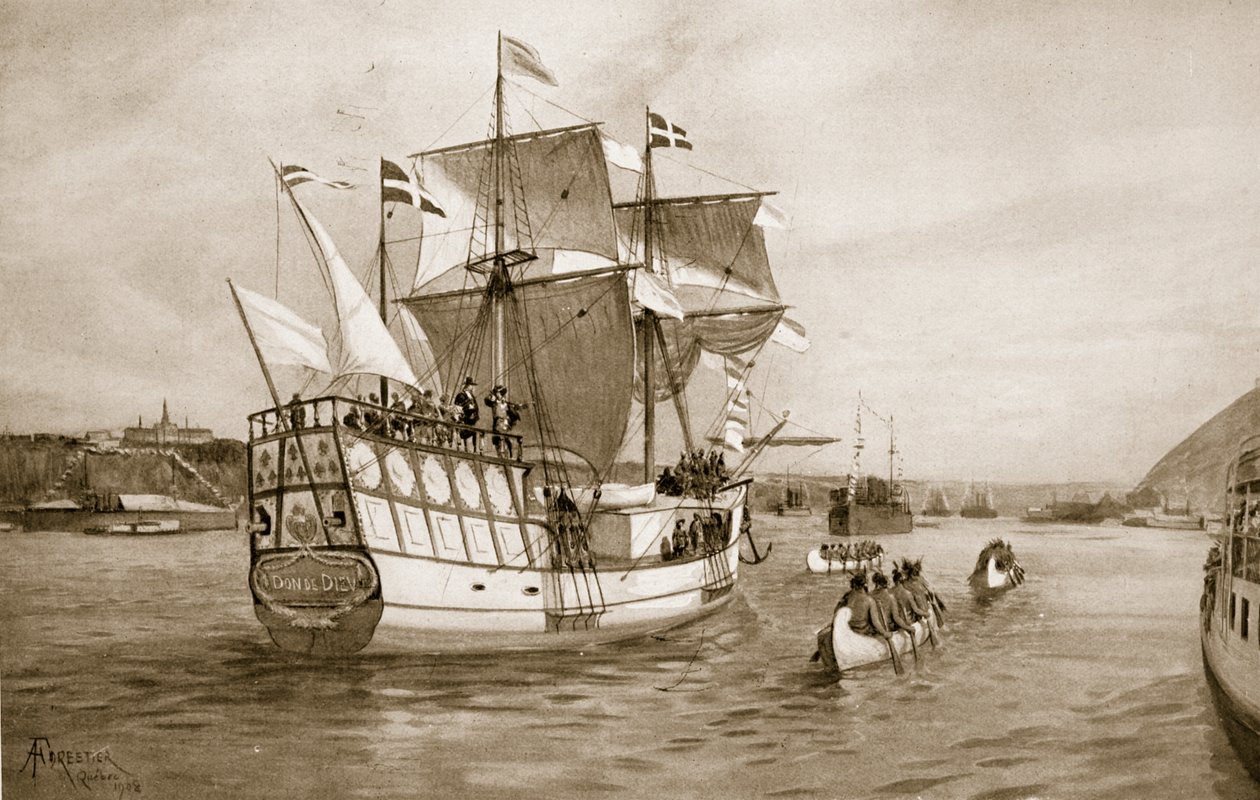As celebrações de Quebeque, 1908: O navio de Champlain que aproxima a cidade de Amedee Forestier