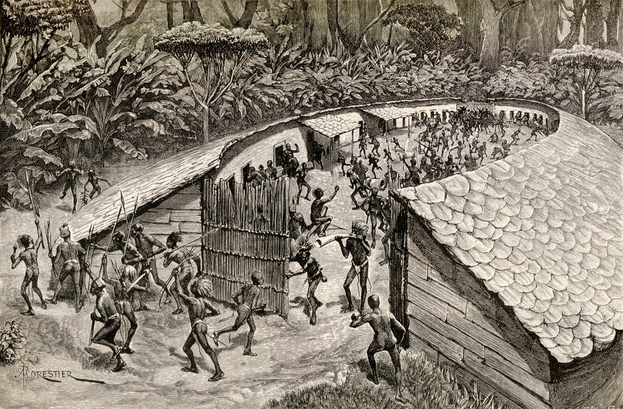 Os nativos de Iyugu preparando-se para a guerra, 1890 (gravura em madeira) de Amedee Forestier