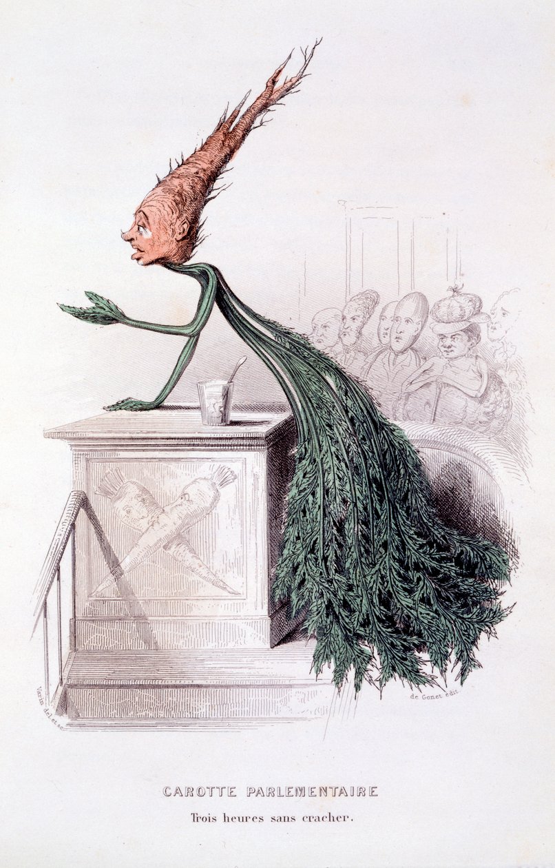 Cenário parlamentar, ilustração de &39;L&39;Empire des Legumes Memoires de Curcubitus&39;, publicado em 1851 (gravura colorida à mão) de Amedee Varin