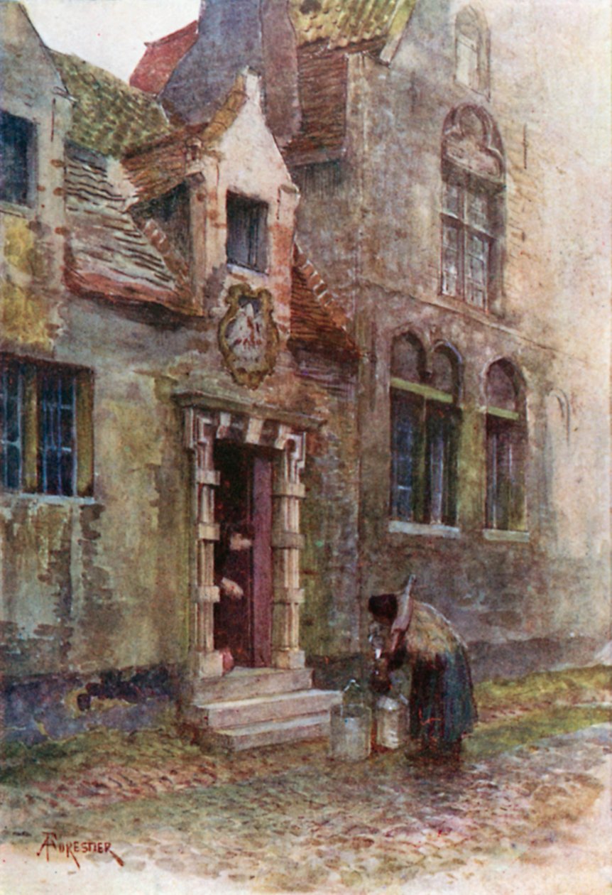 Maison du Pelican (Almshouse), Bruges (litografia a cores) de Amedee (after) Forestier