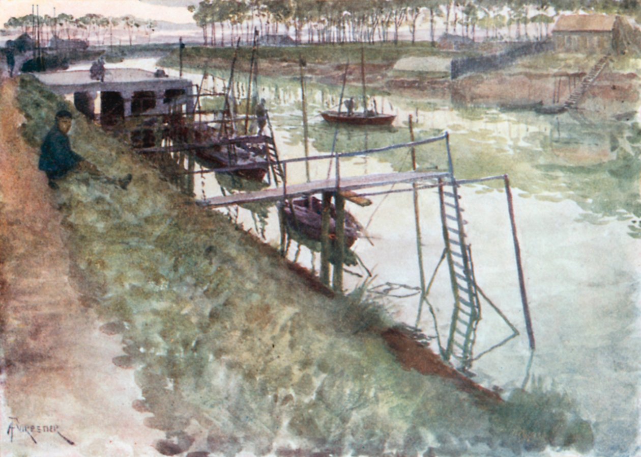 O cais, com enguias e cais de desembarque, Nieuport (litografia a cores) de Amedee (after) Forestier