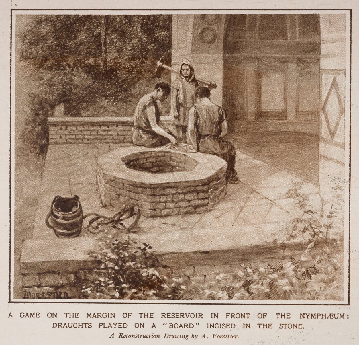 Um jogo na margem do reservatório em frente à Nymphaeum, de um artigo intitulado "A Vida Rural dos Romanos em Inglaterra" no Illustrated London News de Amedee Forestier