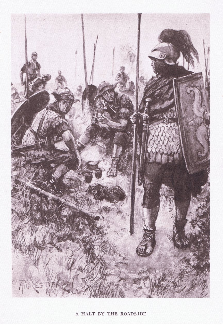 Uma parada à beira da estrada, ilustração de The Roman Soldier, 1928 de Amedee Forestier