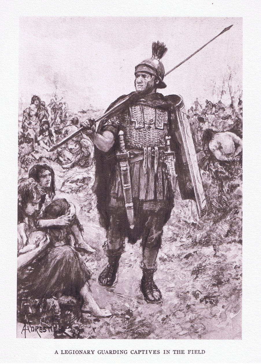 Um legionário que guarda cativos em um campo, ilustração do soldado romano, 1928 de Amedee Forestier