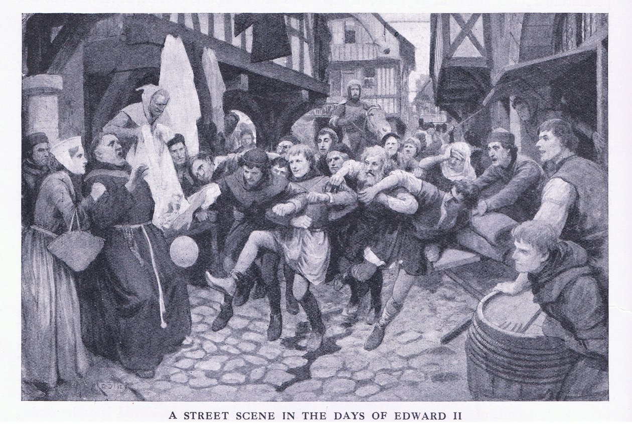 Uma cena de rua nos dias de Edward II, de Cassells História do Povo Britânico publicado pela Waverley Book Company Limited, c.1940 de Amedee Forestier