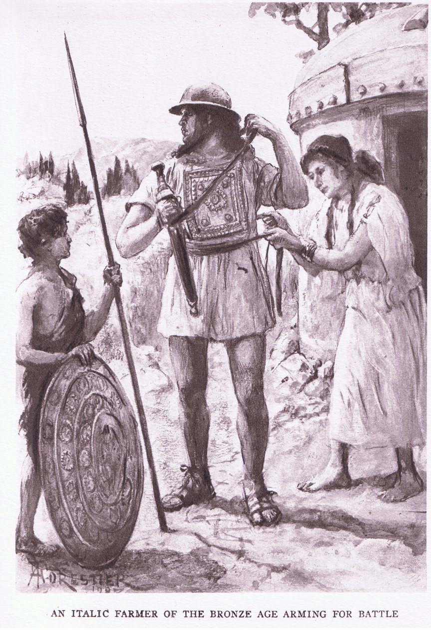 Um agricultor italiano da Idade do Bronze, ilustração de "The Roman Soldier" (O Soldado Romano) de Amedee Forestier