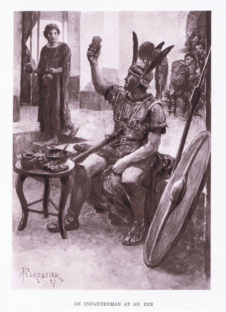 Um soldado de infantaria em uma pousada, ilustração de The Roman Soldier, 1928 de Amedee Forestier