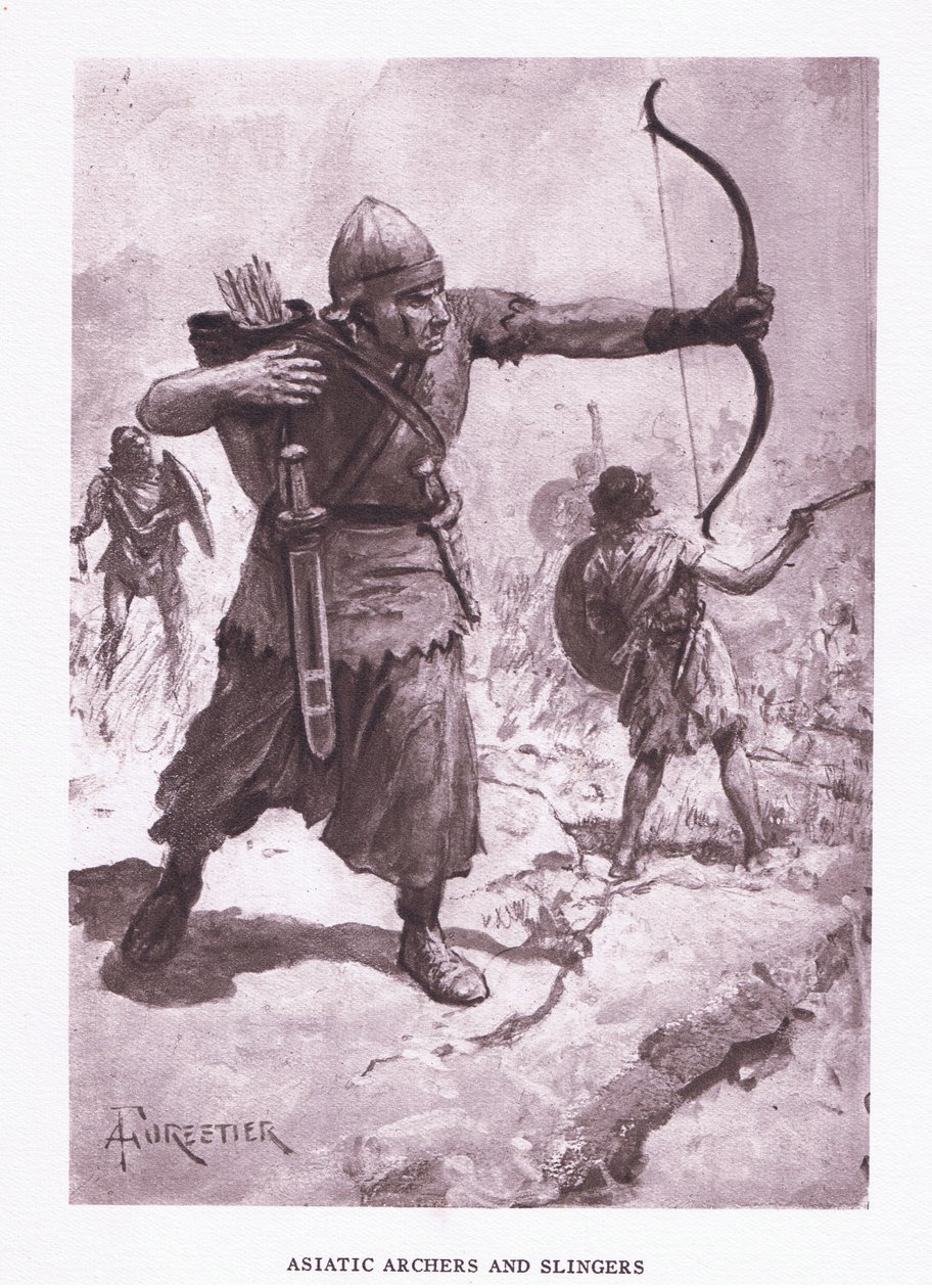 Arqueiros asiáticos e slingers, ilustração do soldado romano, 1928 de Amedee Forestier