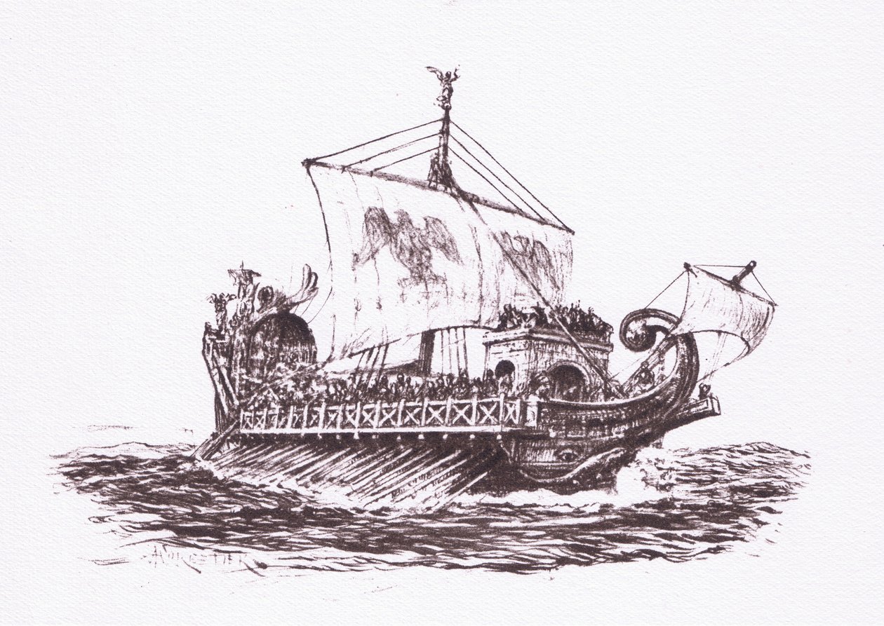 Patrulha da frota: navios romanos, ilustração do soldado romano, 1928 de Amedee Forestier