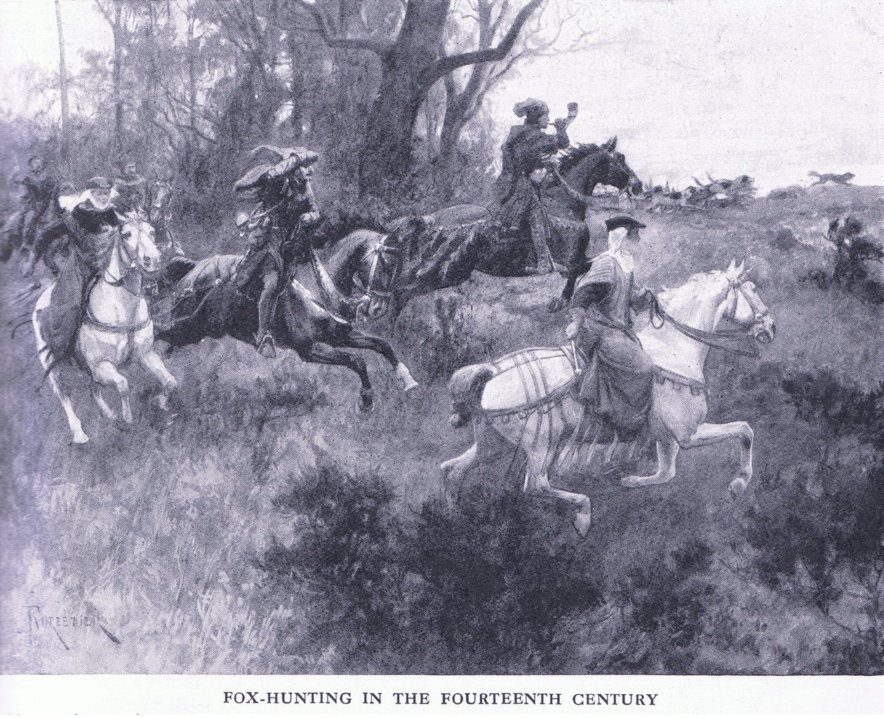 Caça à raposa no século XIV, de Cassells História do Povo Britânico publicada pela Waverley Book Company Limited, c.1940 de Amedee Forestier