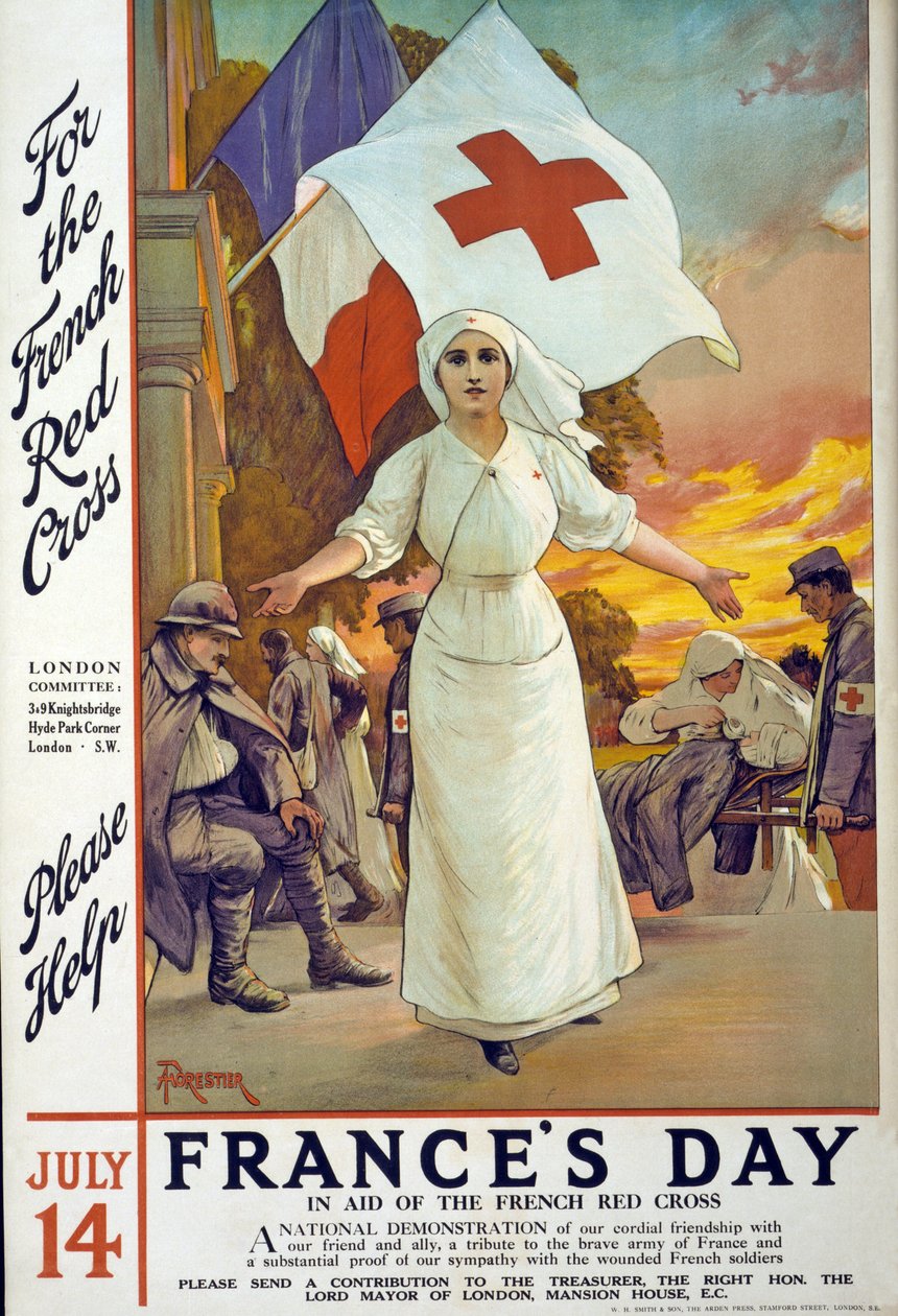 Recurso de angariação de fundos para ajudar a Cruz Vermelha Francesa no dia da França, 14 de julho, pub. Londres, c.1915 de Amedee Forestier