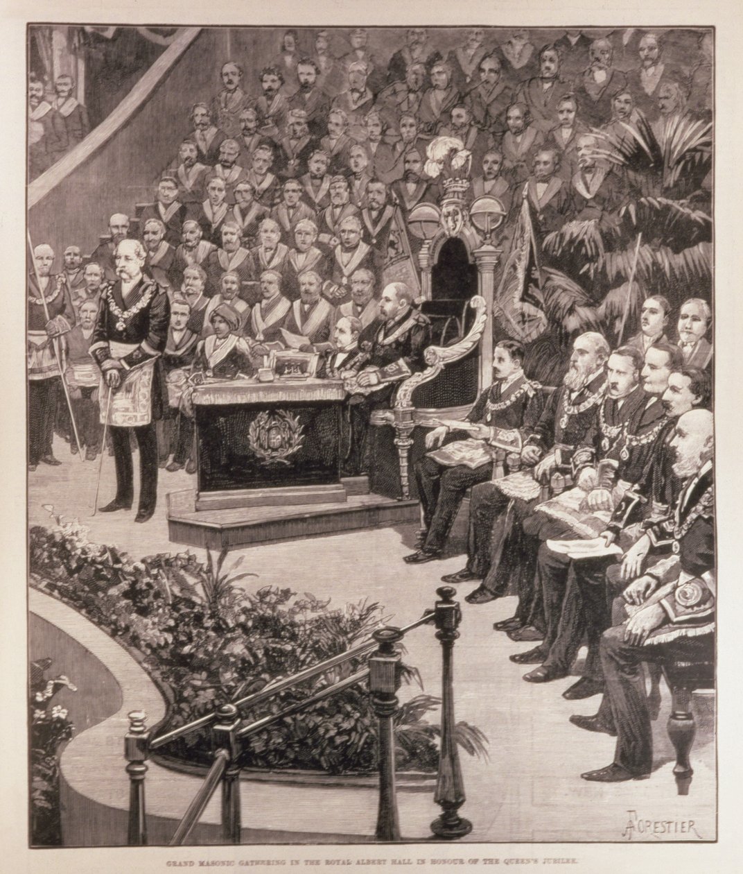 Reunião Grand Masonic no Royal Albert Hall em honra do Jubileu da Rainha, de &39;The Illustrated London News&39;, 18 de junho de 1887 de Amedee Forestier