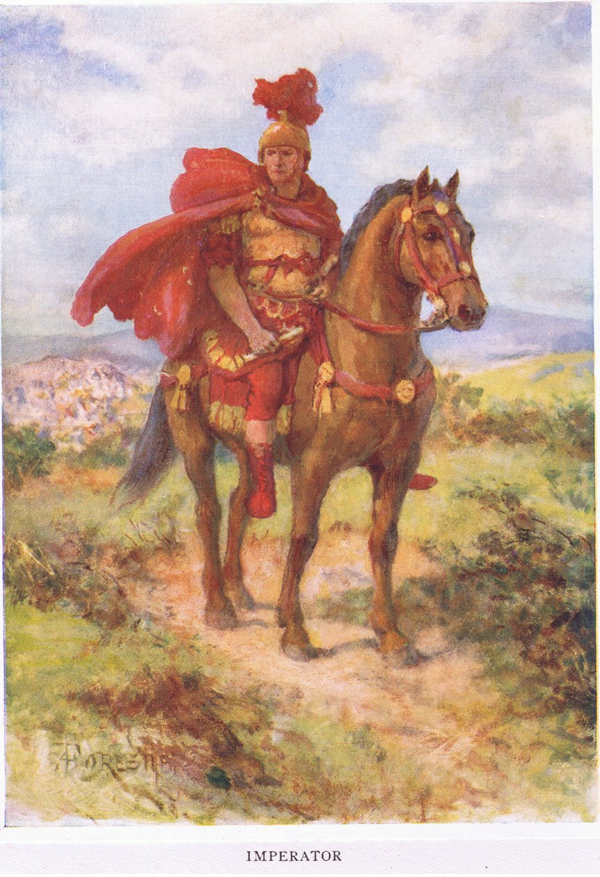 Imperator: origianally, como aqui, o general romano vitorioso foi saudado por seus soldados no campo. Mais tarde, o título foi reservado apenas para os imperadores, ilustração de The Roman Soldier, 1928 (colou de Amedee Forestier